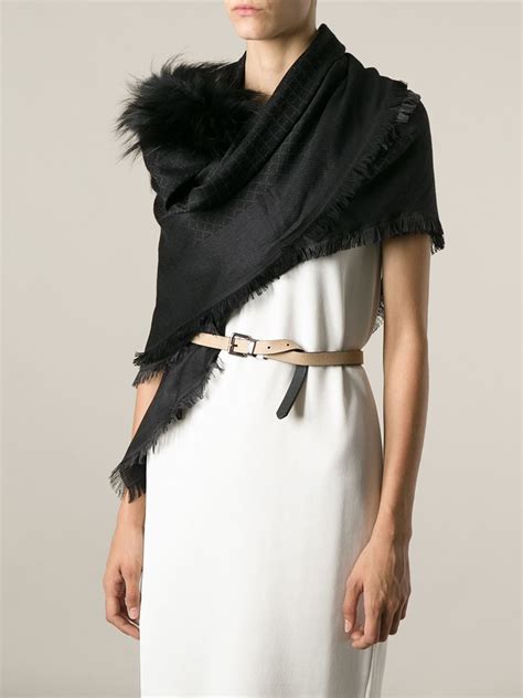 gucci black shawl|Gucci scarf with fur trim.